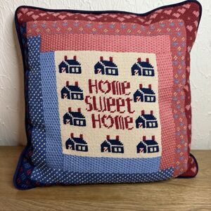 Vintage Shabby Needlepoint Home Sweet Home Pillow 12x12 Corduroy Back Smoke Free